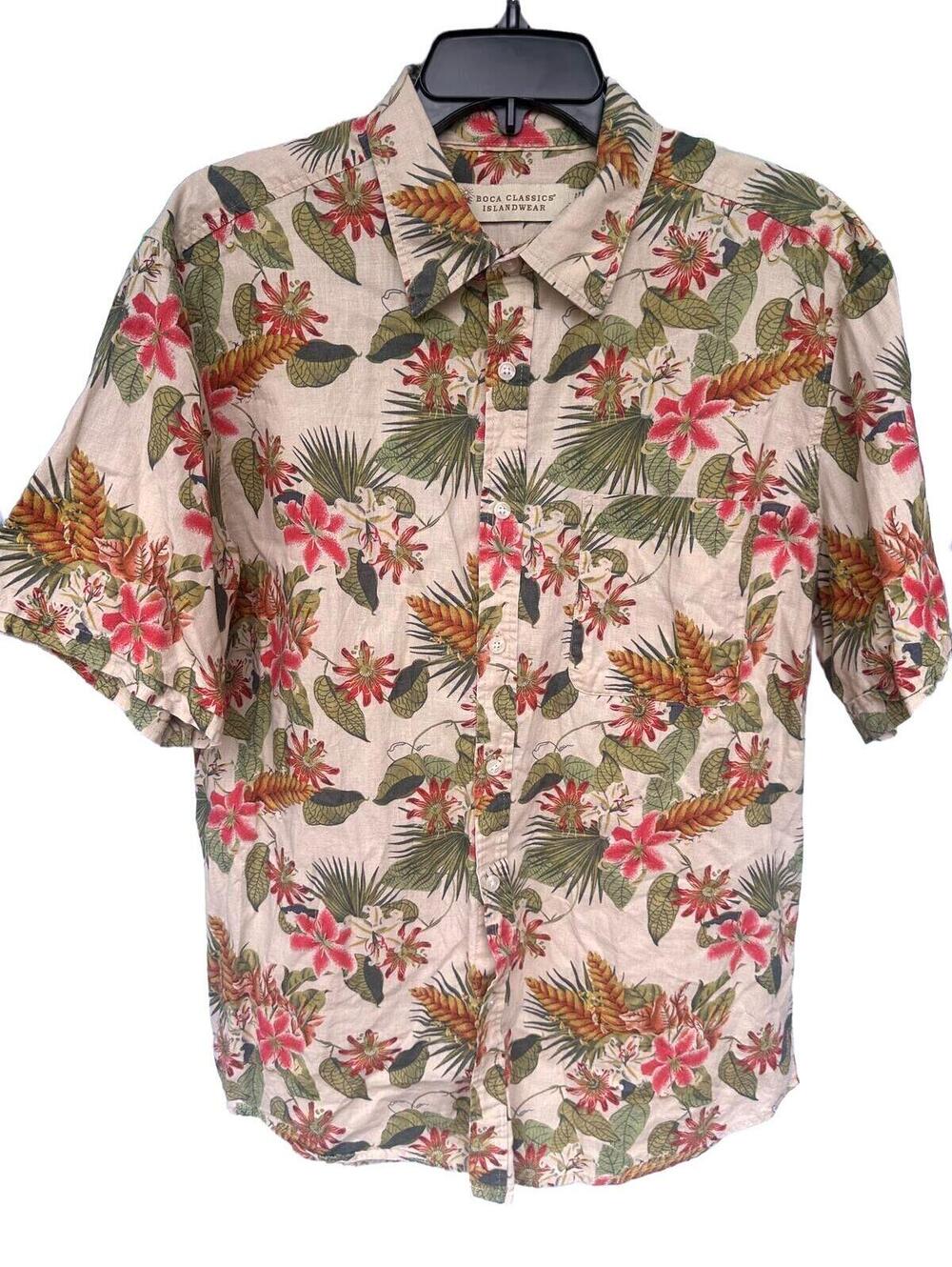 Boca Classics Islandwear Men's Hawaiien Linen Cotton Floral Button Down Shirt- L
